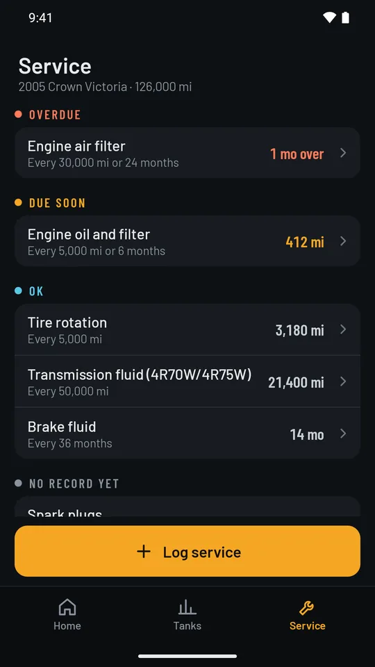 Service screen grouping items into overdue, due soon, and OK, such as an engine air filter one month over and an oil change due in 412 miles.